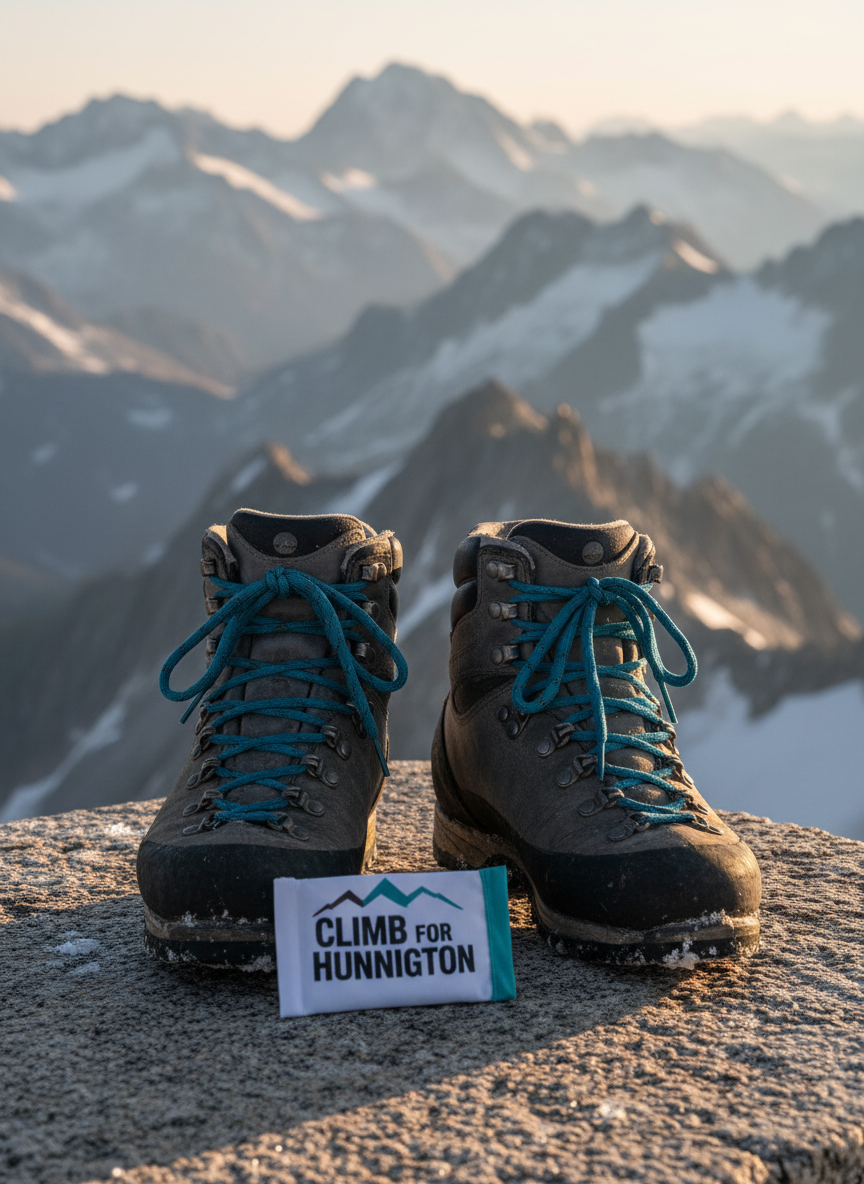 A pair of well-worn alpine mountaineering boots, dark graphite gray with bright blue laces and tiny flecks of dried snow on the rubber soles, resting firmly on a rough granite ledge high above a sea of distant peaks. A small, neatly folded flag with the words “Climb for Huntington” lies beside them, its white and teal colors gently rippling in the thin mountain air. Crisp, late-afternoon sunlight cuts across the scene, carving sharp highlights into the stone and boots while leaving the valley in soft haze. Photographic realism, shot from a low, close-up angle with a shallow depth of field, keeps the boots and flag in sharp focus while the dramatic mountain range blurs into an inspiring, hopeful backdrop.