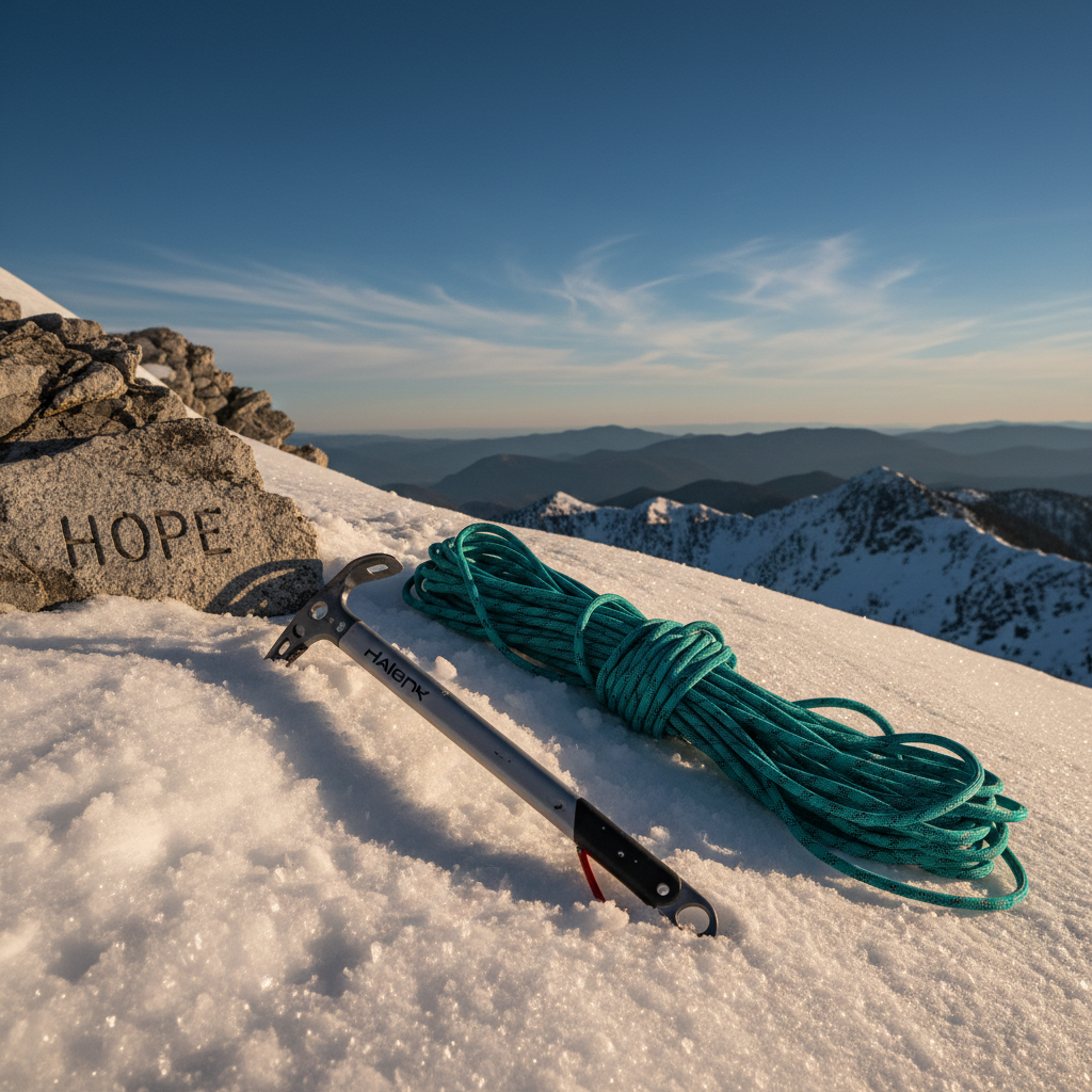 A pristine steel ice axe and vibrant teal climbing rope coiled with care on a patch of packed, crystalline snow near a summit marker carved into rock that reads simply “Hope.” Behind them, layered mountain ridges fade into the distance under a deep blue sky brushed with thin cirrus clouds. The golden hour sun grazes the scene from the right, catching tiny ice crystals and casting long, gentle shadows across the snow’s subtle texture. The atmosphere is calm and determined. Captured in photographic realism from a slightly elevated angle, the tools form a strong foreground focal point, with the sweeping panoramic background softly blurred to symbolize the vast, ongoing climb against Huntington’s disease.