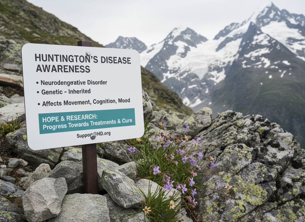 A detailed close-up of a crisp, white informational sign about Huntington’s disease firmly planted in rocky alpine terrain, its clean typography in dark charcoal and teal standing out clearly. Around the sign, small, hardy mountain flowers in muted purples and yellows emerge from cracks in the stone, symbolizing resilience. In the distance, towering snow-capped peaks rise under soft overcast light, creating a diffused, even illumination with no harsh shadows. The mood is quietly powerful and educational. Shot at eye level in photographic realism using the rule of thirds, the sign dominates the left side of the frame while the expansive, slightly blurred mountain landscape occupies the right, linking scientific awareness with the physical challenge of the climb.
